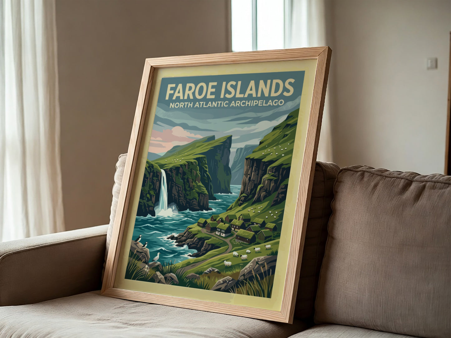 Travel poster of the Faroe Islands showing green cliffs, a waterfall, and puffins.