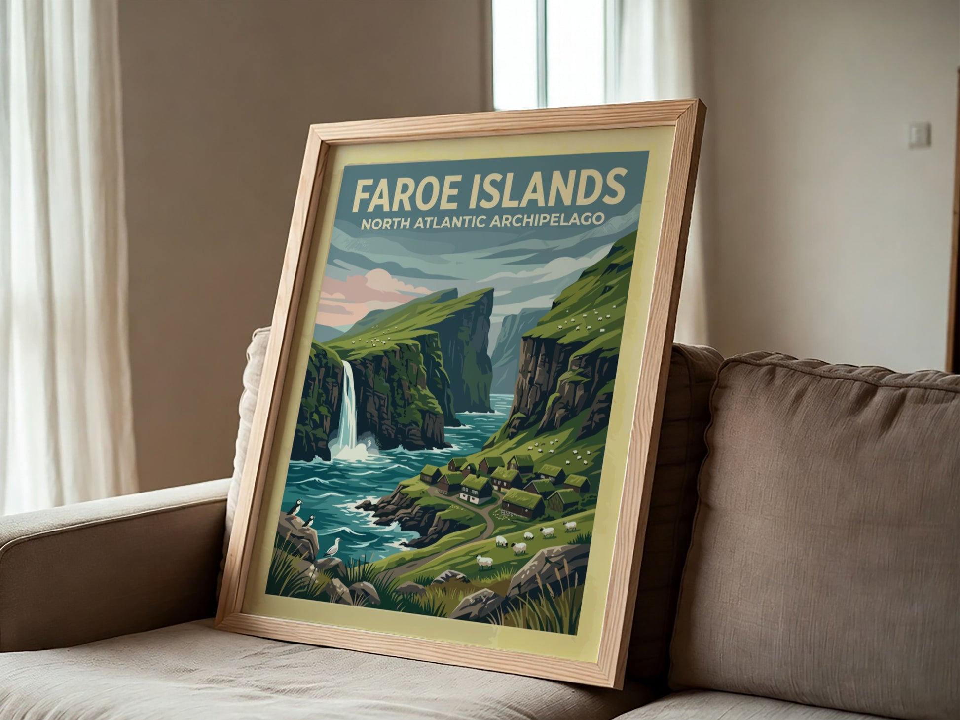 Travel poster of the Faroe Islands showing green cliffs, a waterfall, and puffins.