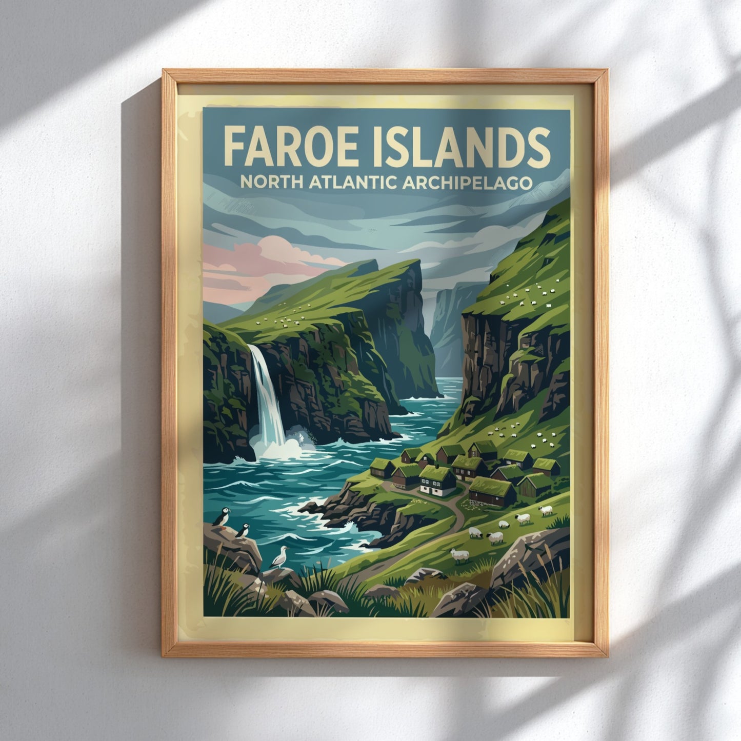 Travel poster of the Faroe Islands showing green cliffs, a waterfall, and puffins.