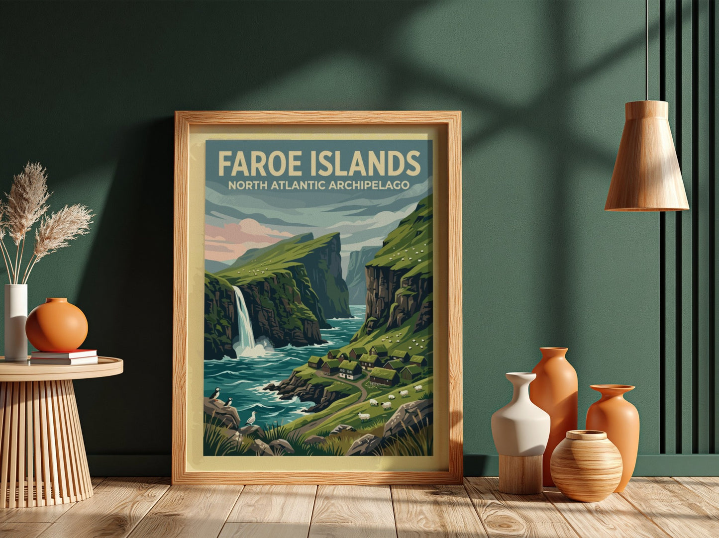 Travel poster of the Faroe Islands showing green cliffs, a waterfall, and puffins.