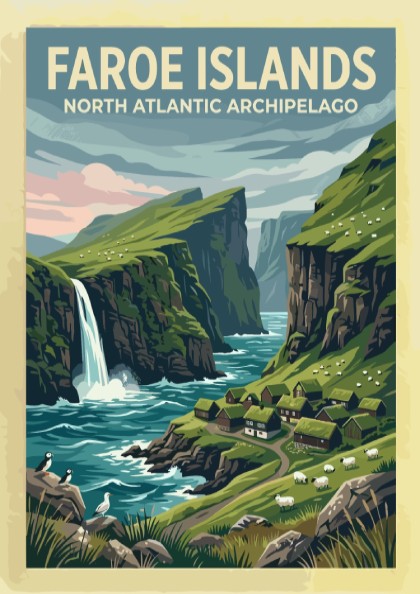 Travel poster of the Faroe Islands showing green cliffs, a waterfall, and puffins.