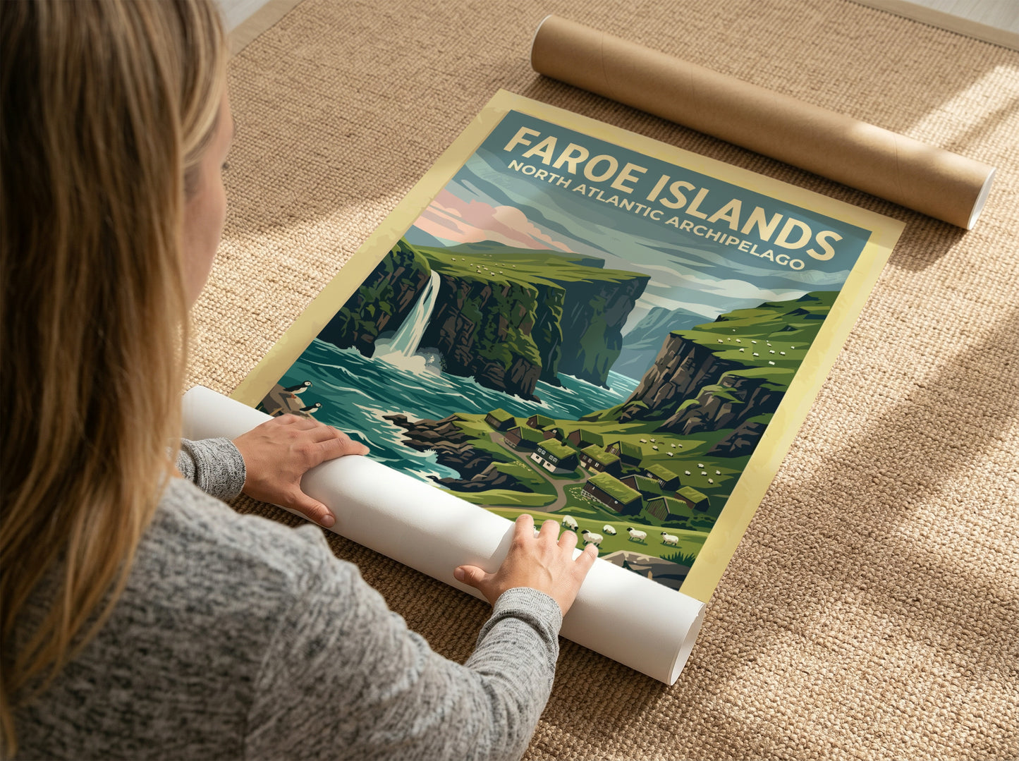Travel poster of the Faroe Islands showing green cliffs, a waterfall, and puffins.