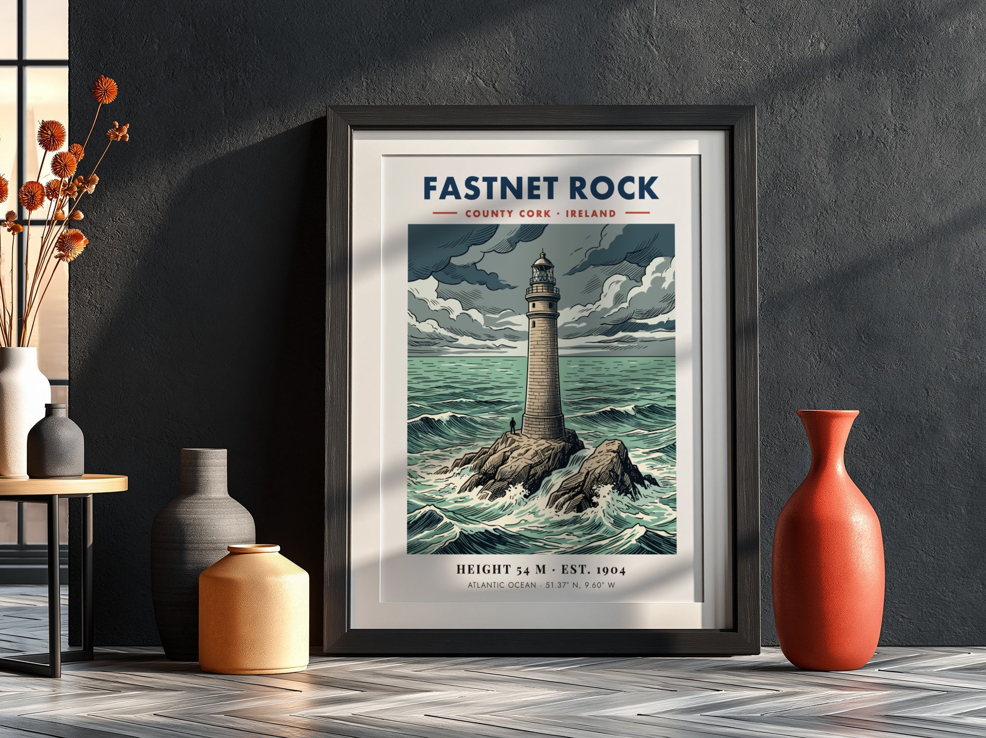 Poster featuring the Fastnet Rock lighthouse in County Cork surrounded by crashing waves.