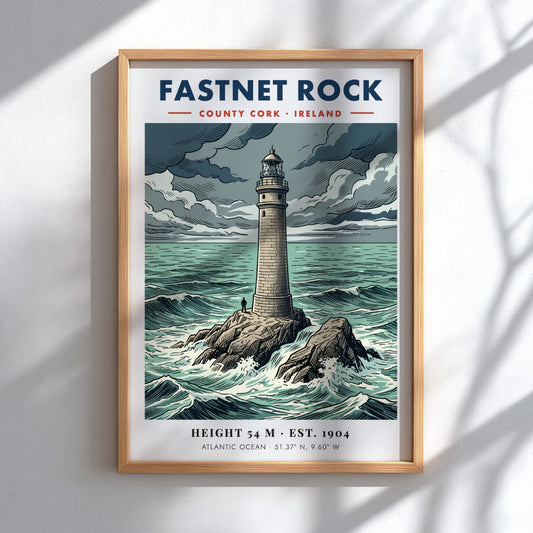 Poster featuring the Fastnet Rock lighthouse in County Cork surrounded by crashing waves.