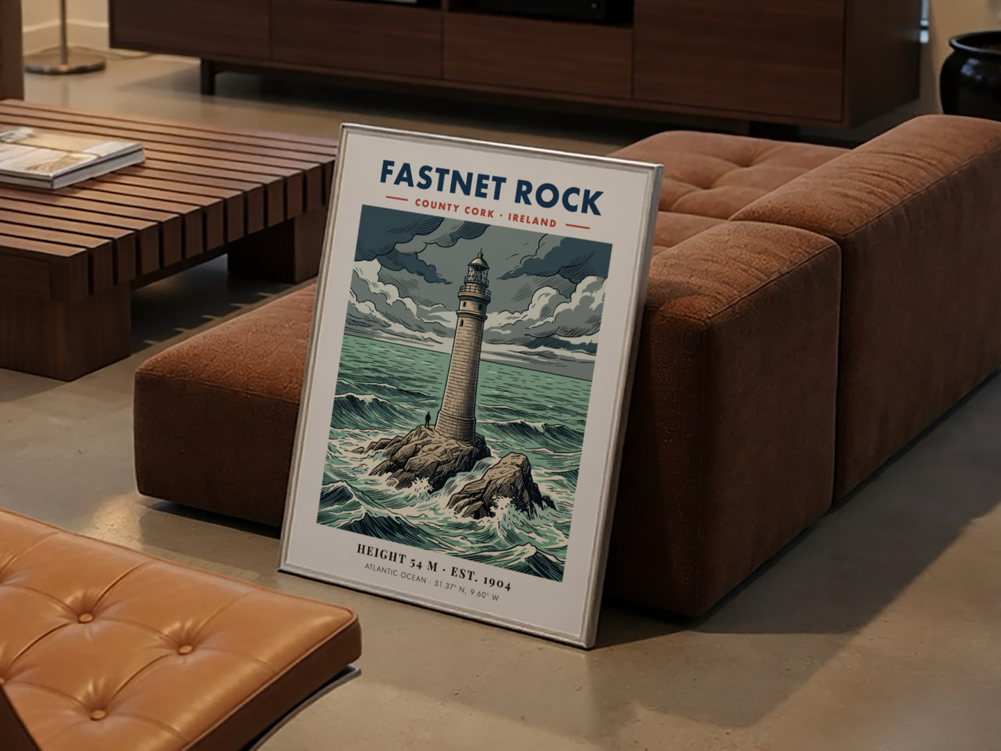 Poster featuring the Fastnet Rock lighthouse in County Cork surrounded by crashing waves.