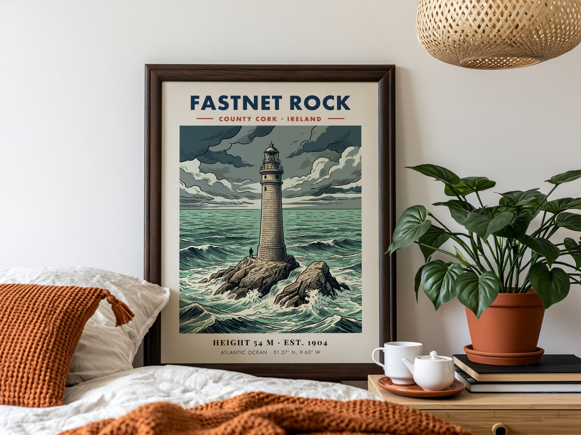 Poster featuring the Fastnet Rock lighthouse in County Cork surrounded by crashing waves.