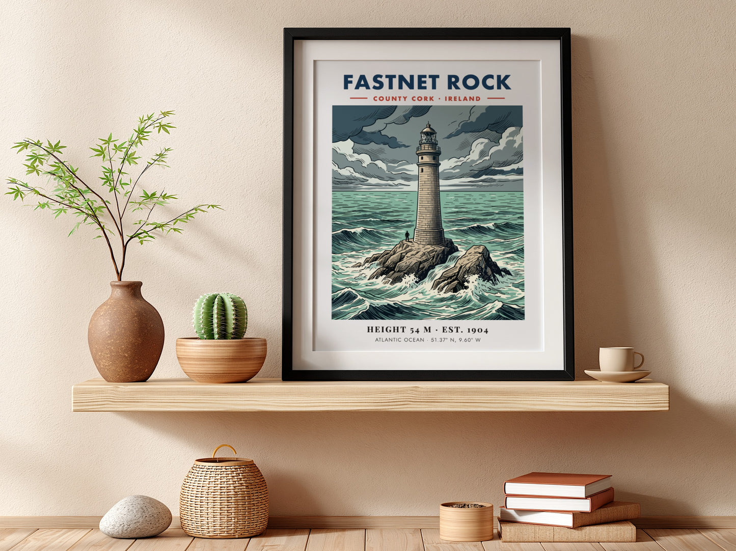 Poster featuring the Fastnet Rock lighthouse in County Cork surrounded by crashing waves.