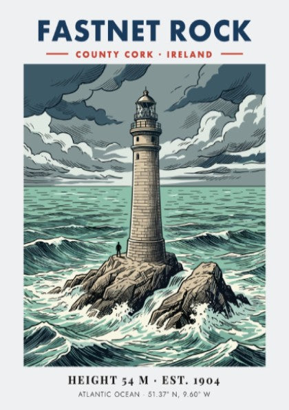 Poster featuring the Fastnet Rock lighthouse in County Cork surrounded by crashing waves.