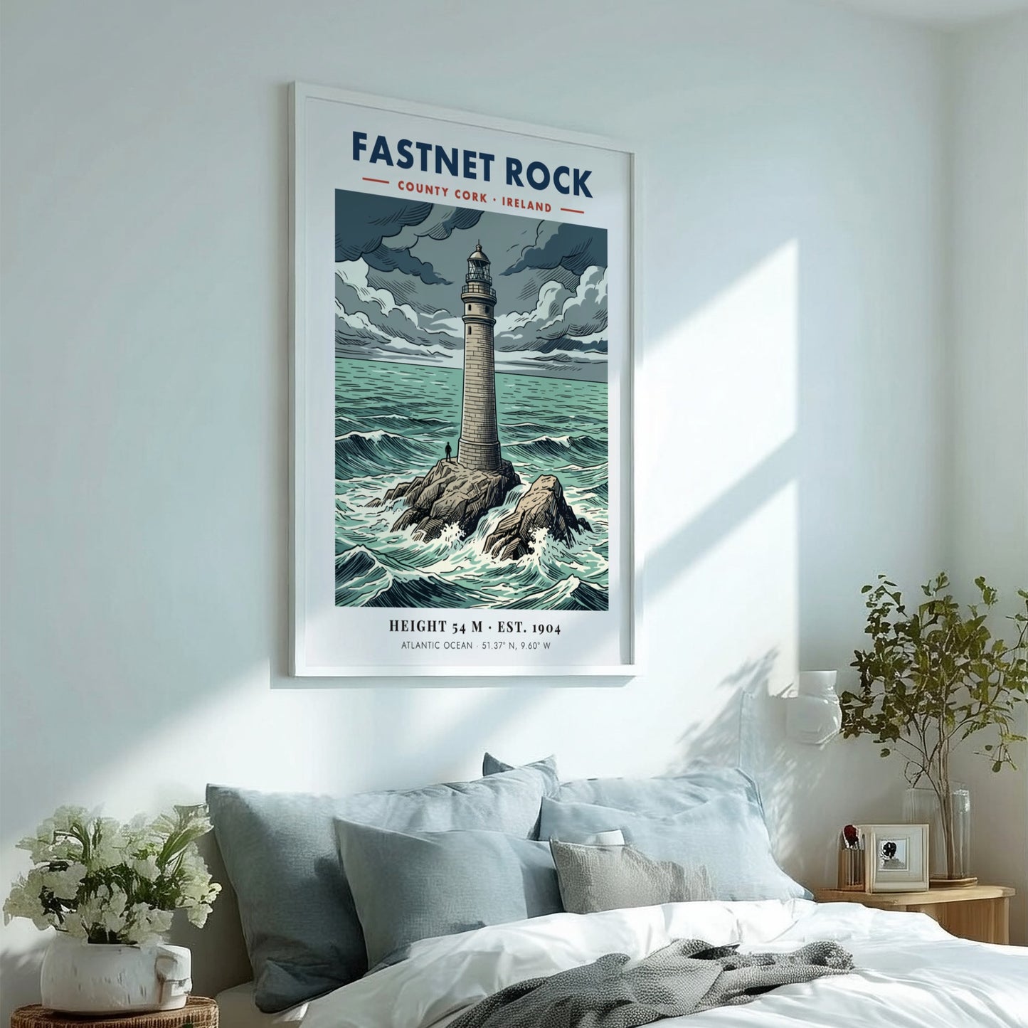 Poster featuring the Fastnet Rock lighthouse in County Cork surrounded by crashing waves.