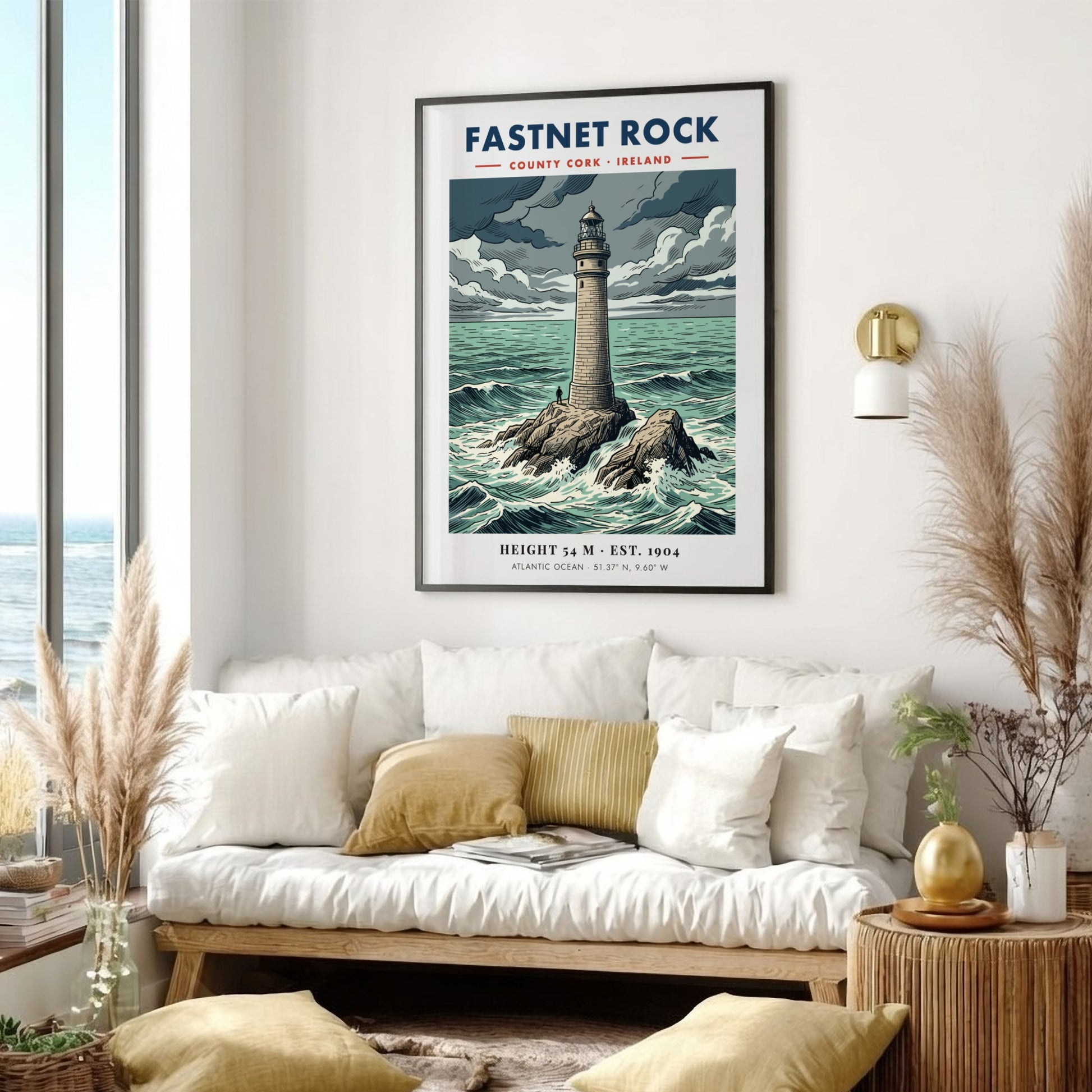 Poster featuring the Fastnet Rock lighthouse in County Cork surrounded by crashing waves.