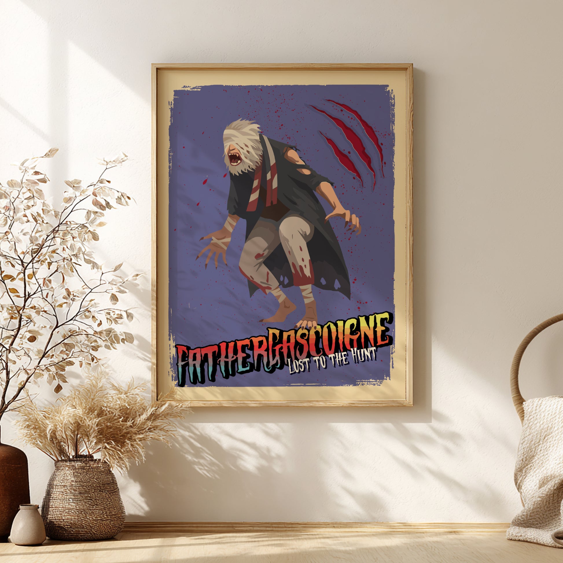 Framed poster of Father Gascoigne from Bloodborne on a wall with decorative elements.