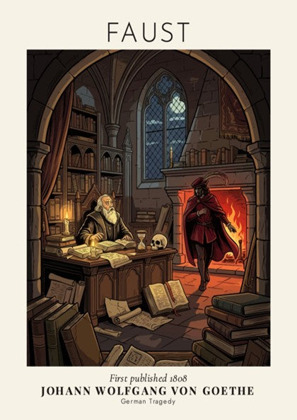 Faust poster featuring a bearded scholar in a stone library meeting a mysterious visitor