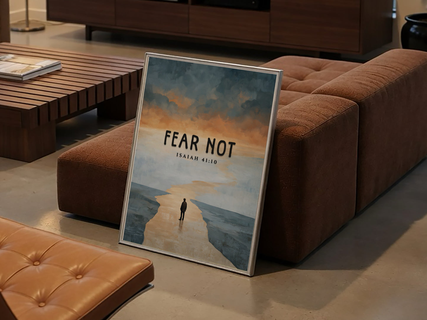 Fear Not poster featuring a serene landscape and inspirational quote from Isaiah 41:10 in soft colors