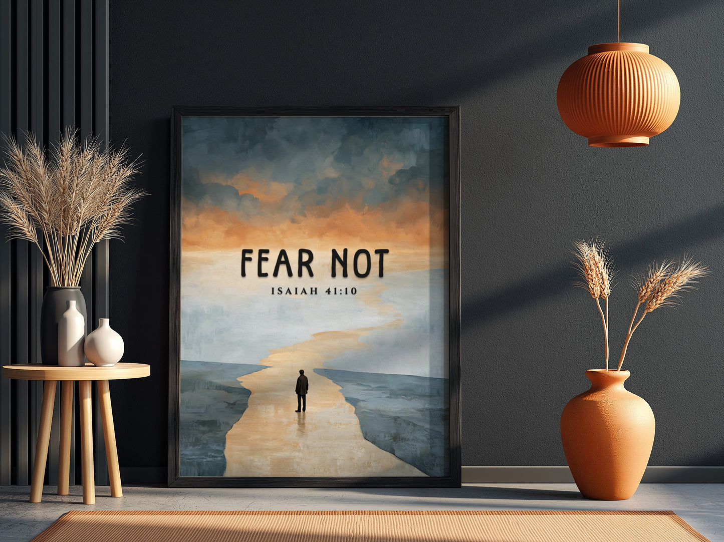Fear Not poster featuring a serene landscape and inspirational quote from Isaiah 41:10 in soft colors