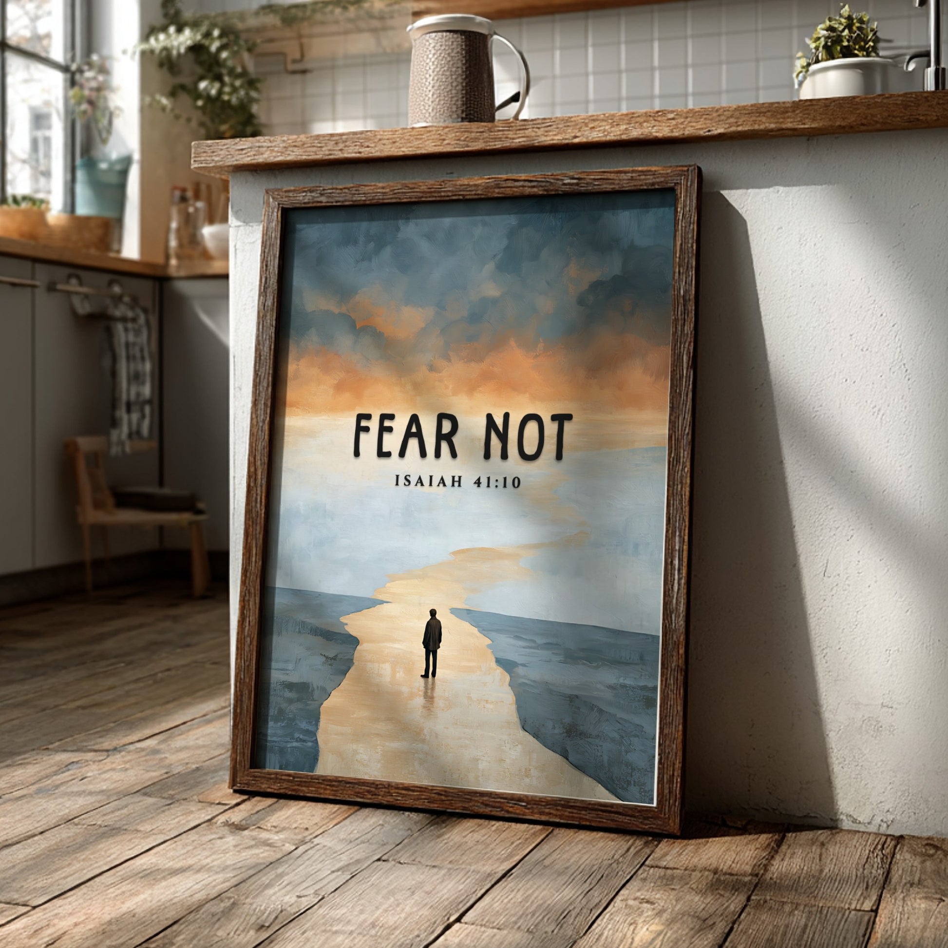 Fear Not poster featuring a serene landscape and inspirational quote from Isaiah 41:10 in soft colors