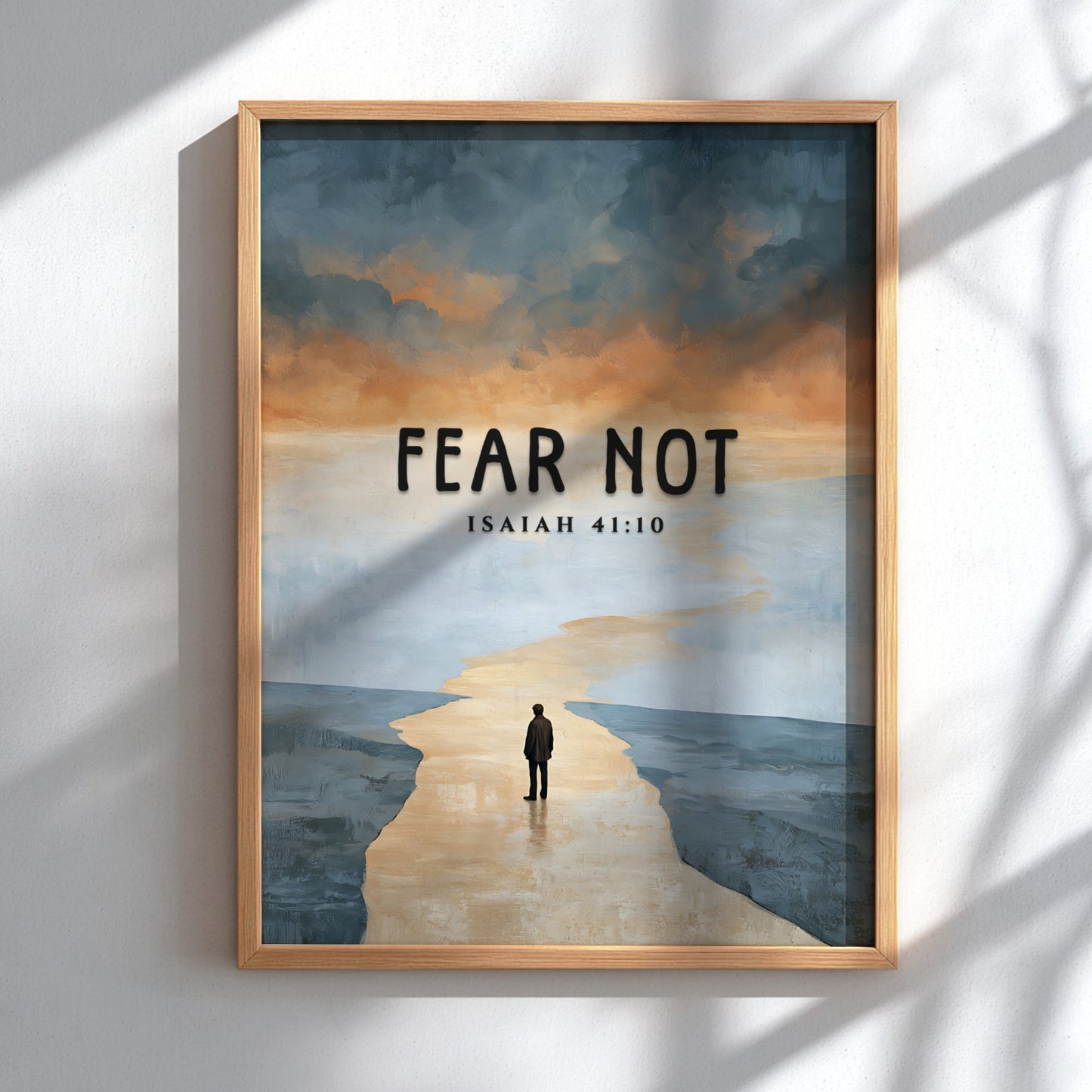 Fear Not poster featuring a serene landscape and inspirational quote from Isaiah 41:10 in soft colors