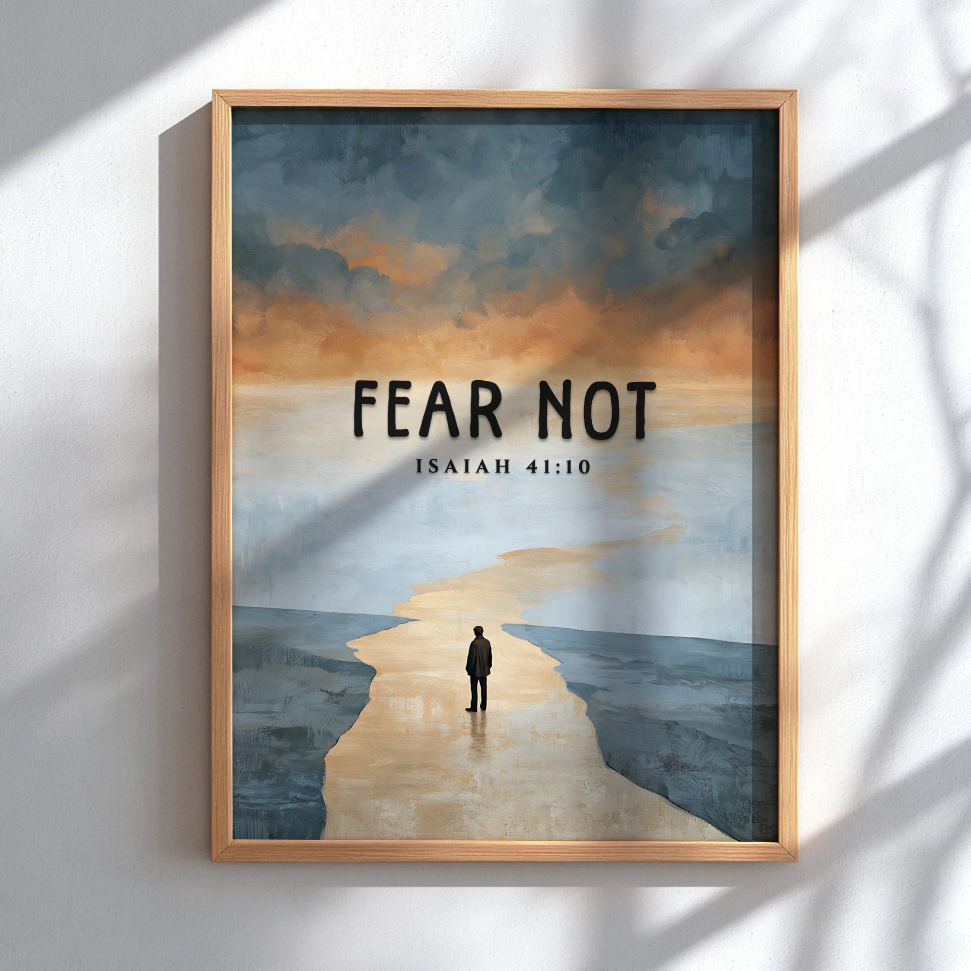 Fear Not poster featuring a serene landscape and inspirational quote from Isaiah 41:10 in soft colors