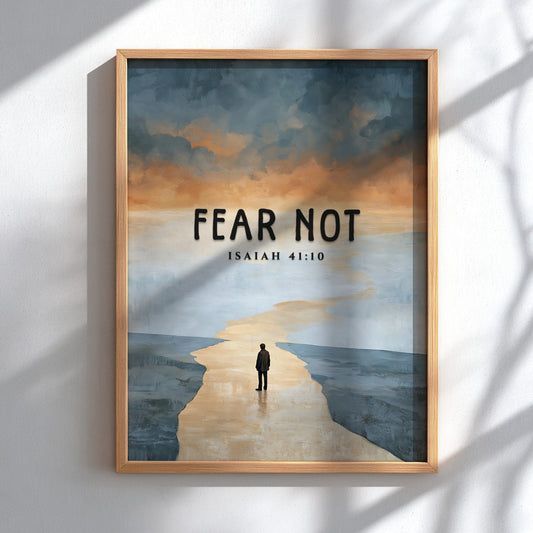 Fear Not poster featuring a serene landscape and inspirational quote from Isaiah 41:10 in soft colors