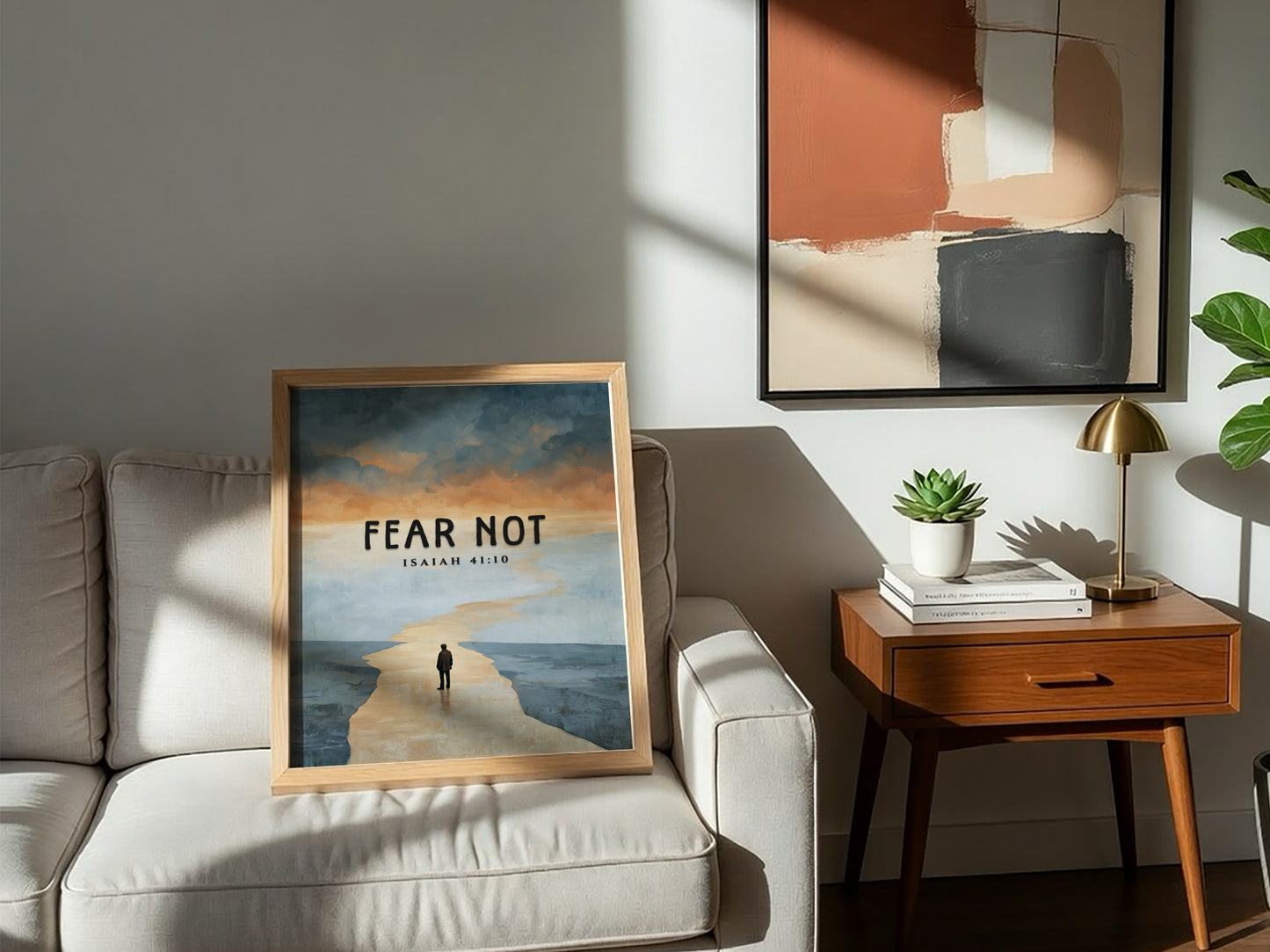 Fear Not poster featuring a serene landscape and inspirational quote from Isaiah 41:10 in soft colors