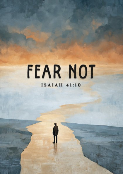 Fear Not poster featuring a serene landscape and inspirational quote from Isaiah 41:10 in soft colors