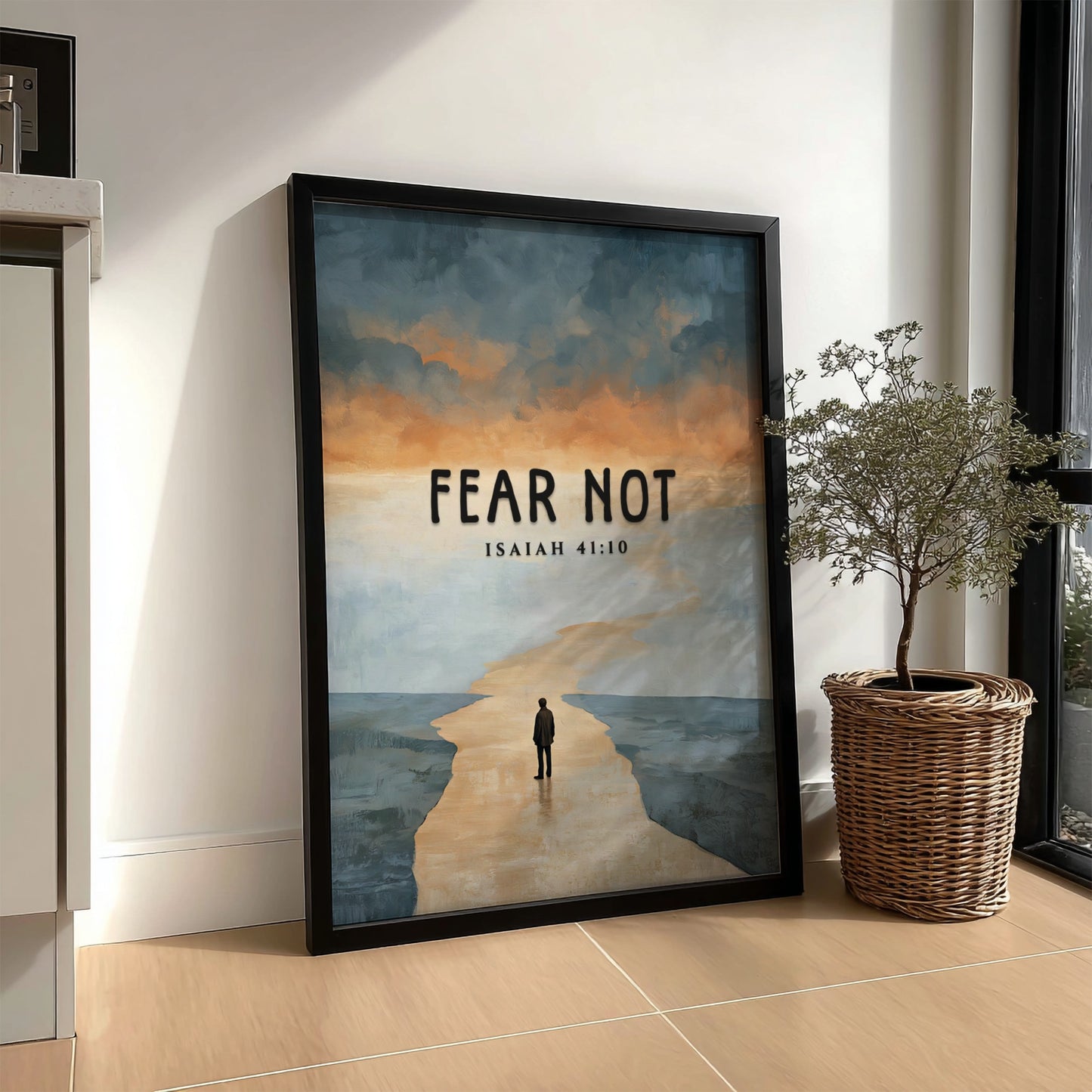 Fear Not poster featuring a serene landscape and inspirational quote from Isaiah 41:10 in soft colors