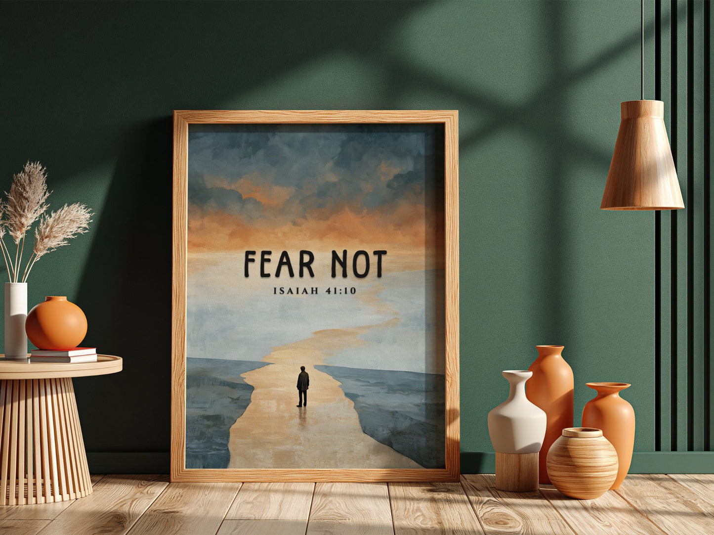 Fear Not poster featuring a serene landscape and inspirational quote from Isaiah 41:10 in soft colors