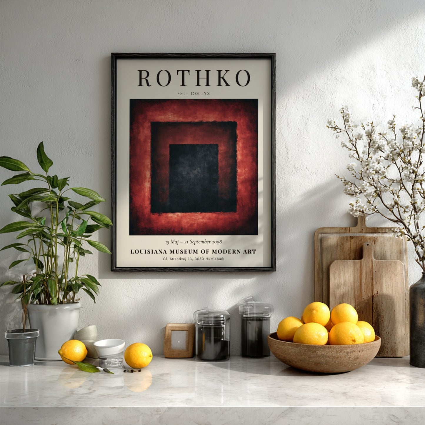Wall art poster featuring the Mark Rothko Felt og Lys exhibition with abstract squares.