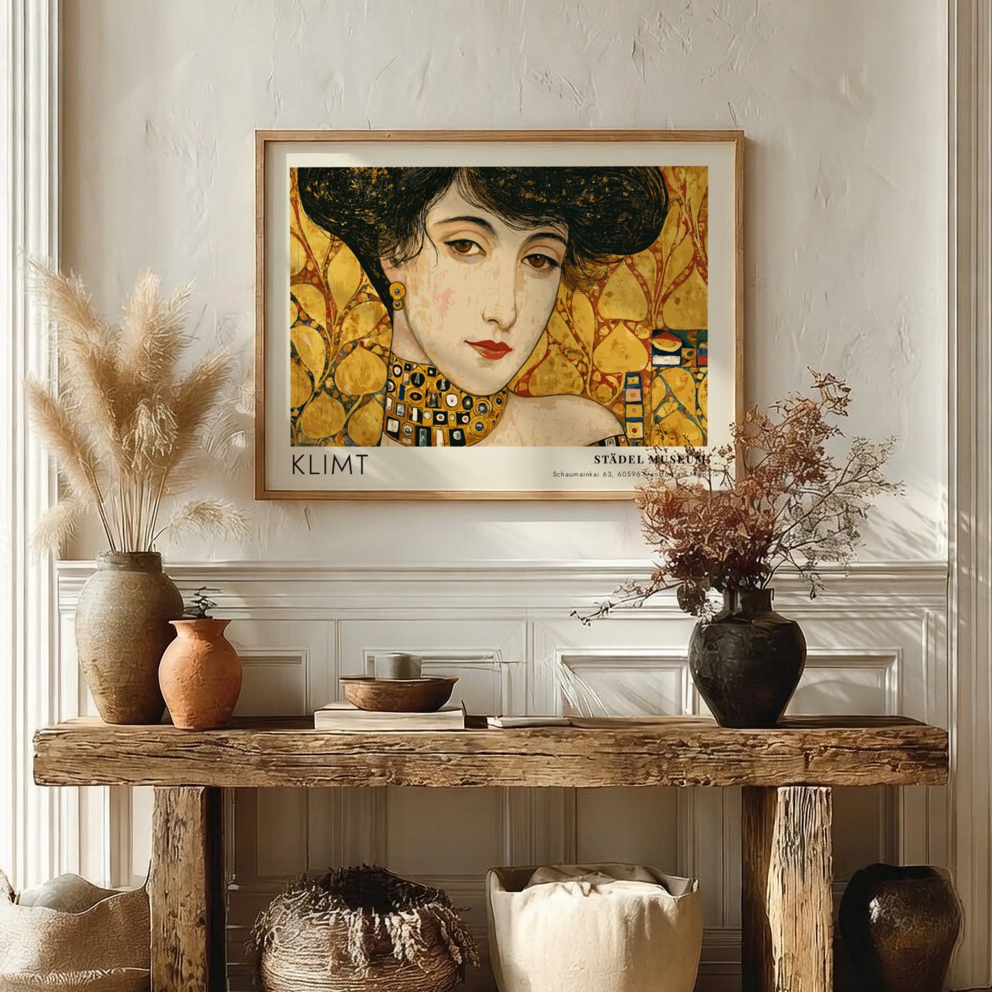 Femme Fatale wall art print featuring Klimt's golden hues and intricate patterns