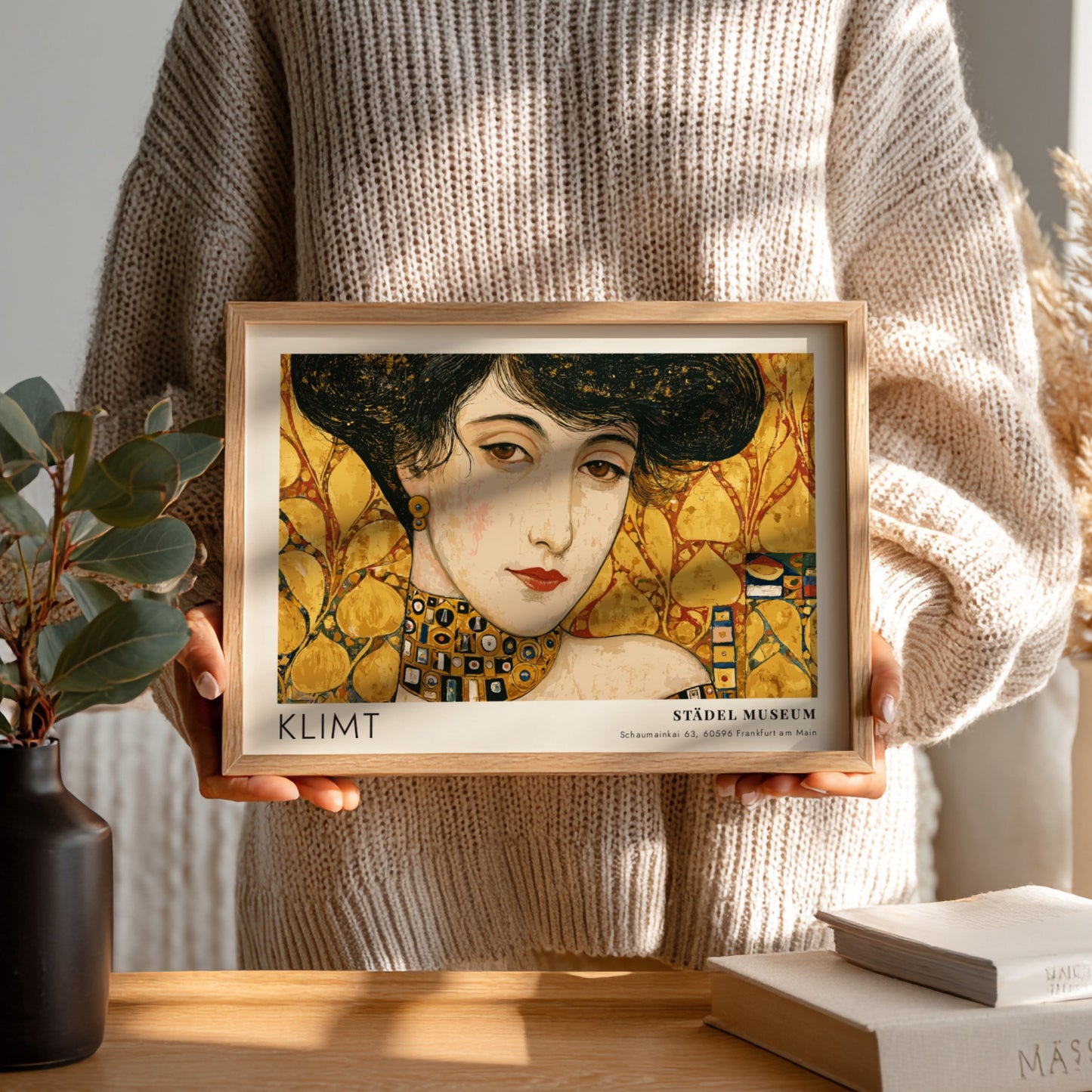 Femme Fatale wall art print featuring Klimt's golden hues and intricate patterns