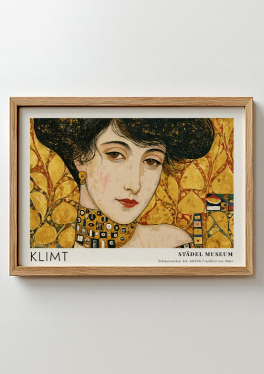 Femme Fatale wall art print featuring Klimt's golden hues and intricate patterns