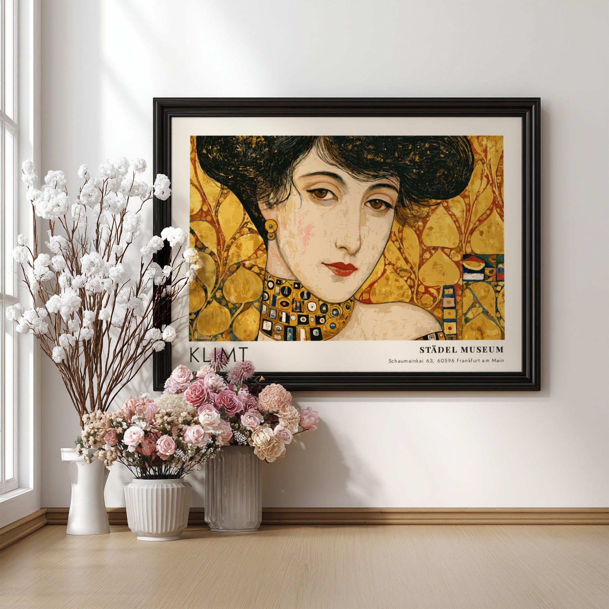 Femme Fatale wall art print featuring Klimt's golden hues and intricate patterns