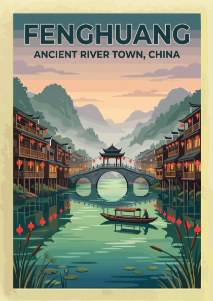 Travel poster of Fenghuang Ancient River Town with traditional stilt houses and bridge.