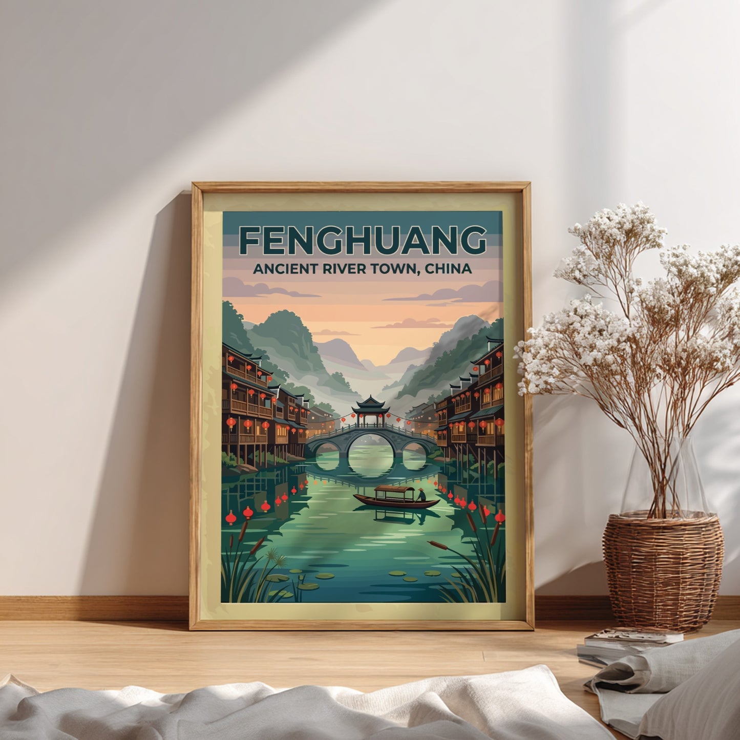 Travel poster of Fenghuang Ancient River Town with traditional stilt houses and bridge.