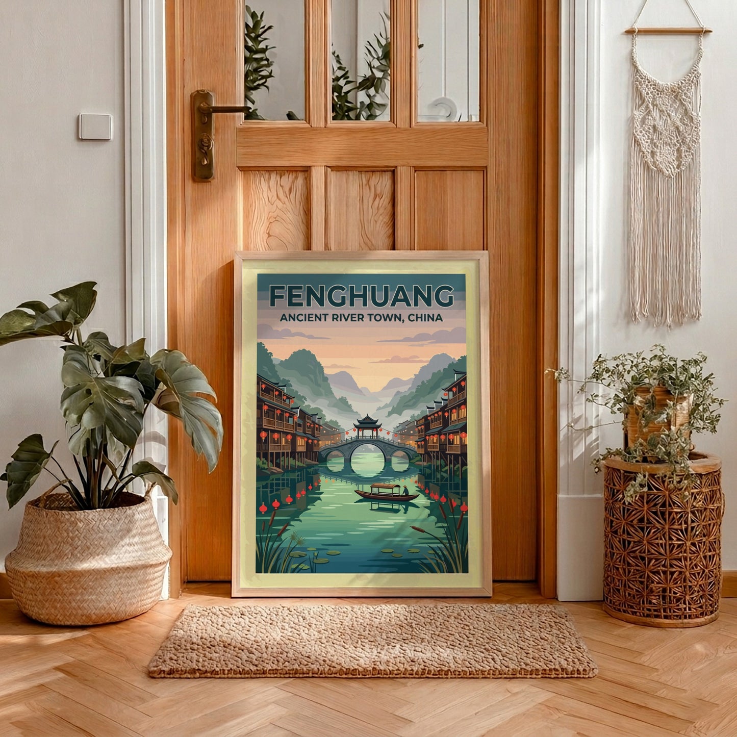 Travel poster of Fenghuang Ancient River Town with traditional stilt houses and bridge.