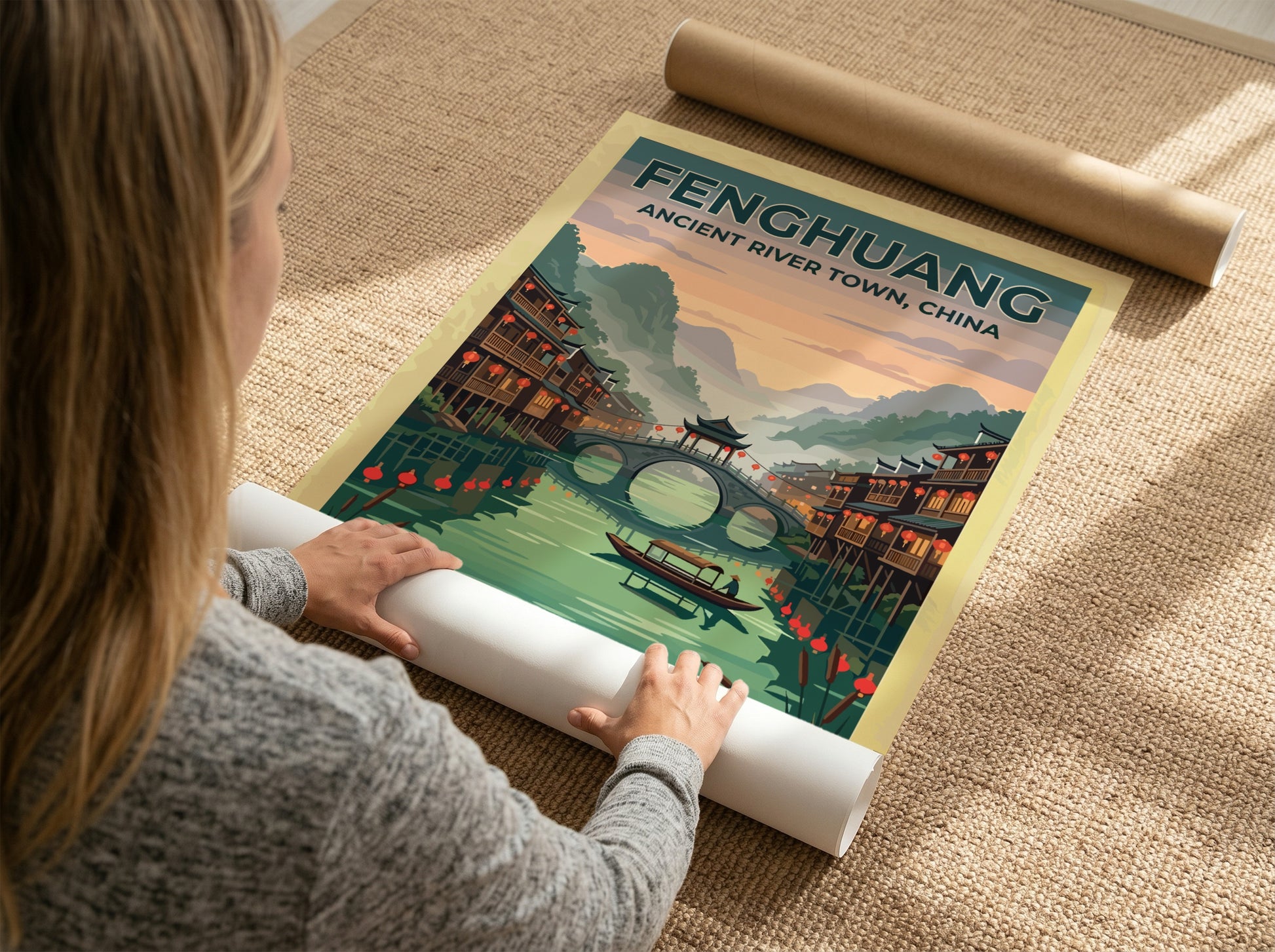 Travel poster of Fenghuang Ancient River Town with traditional stilt houses and bridge.