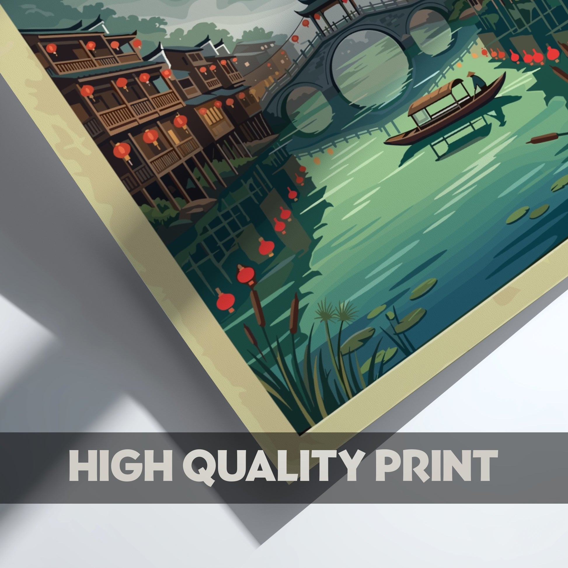 Travel poster of Fenghuang Ancient River Town with traditional stilt houses and bridge.