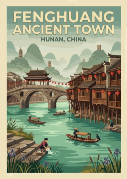 Fenghuang ancient town poster featuring wooden houses, river, and mountains in vintage style