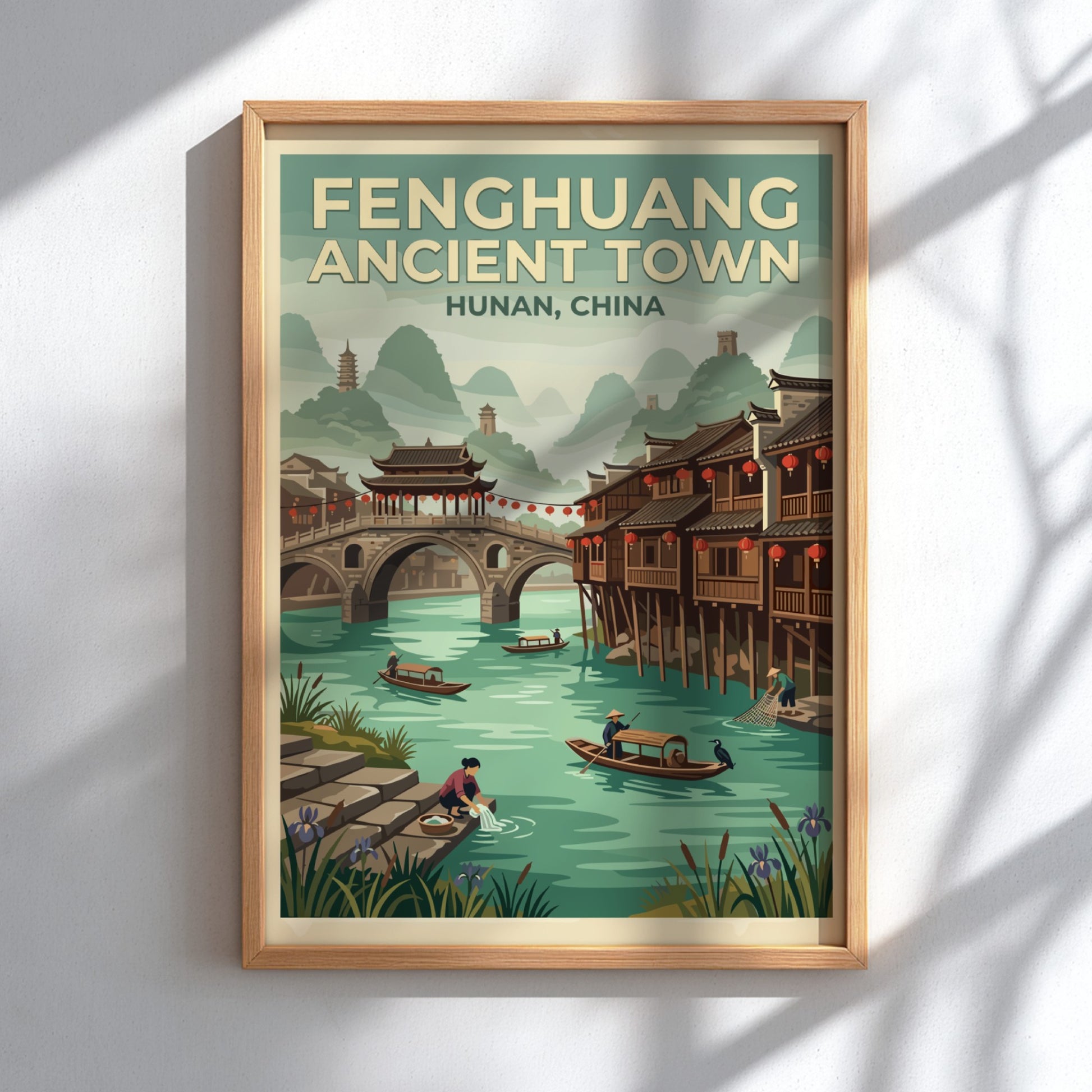 Fenghuang ancient town poster featuring wooden houses, river, and mountains in vintage style