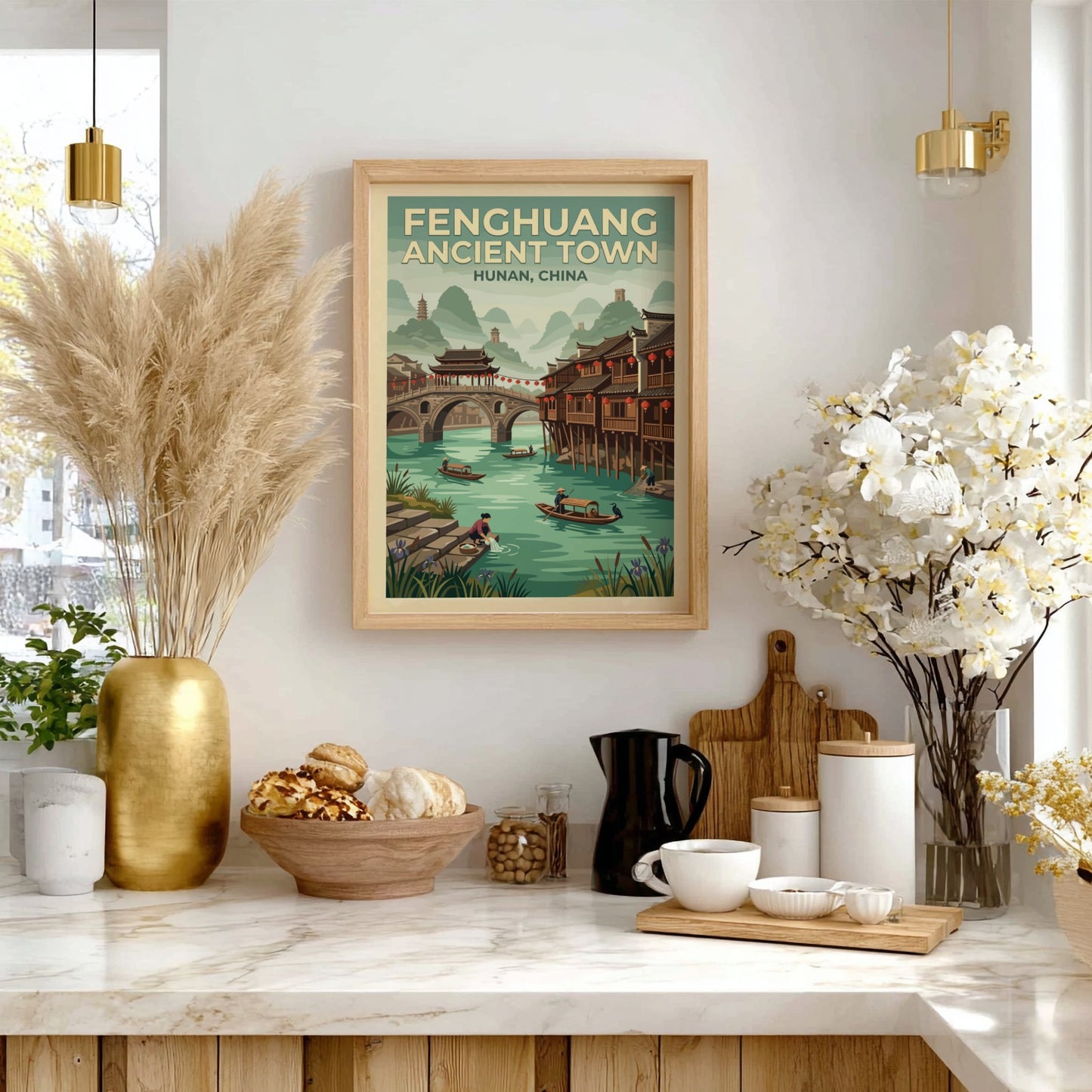 Fenghuang ancient town poster featuring wooden houses, river, and mountains in vintage style