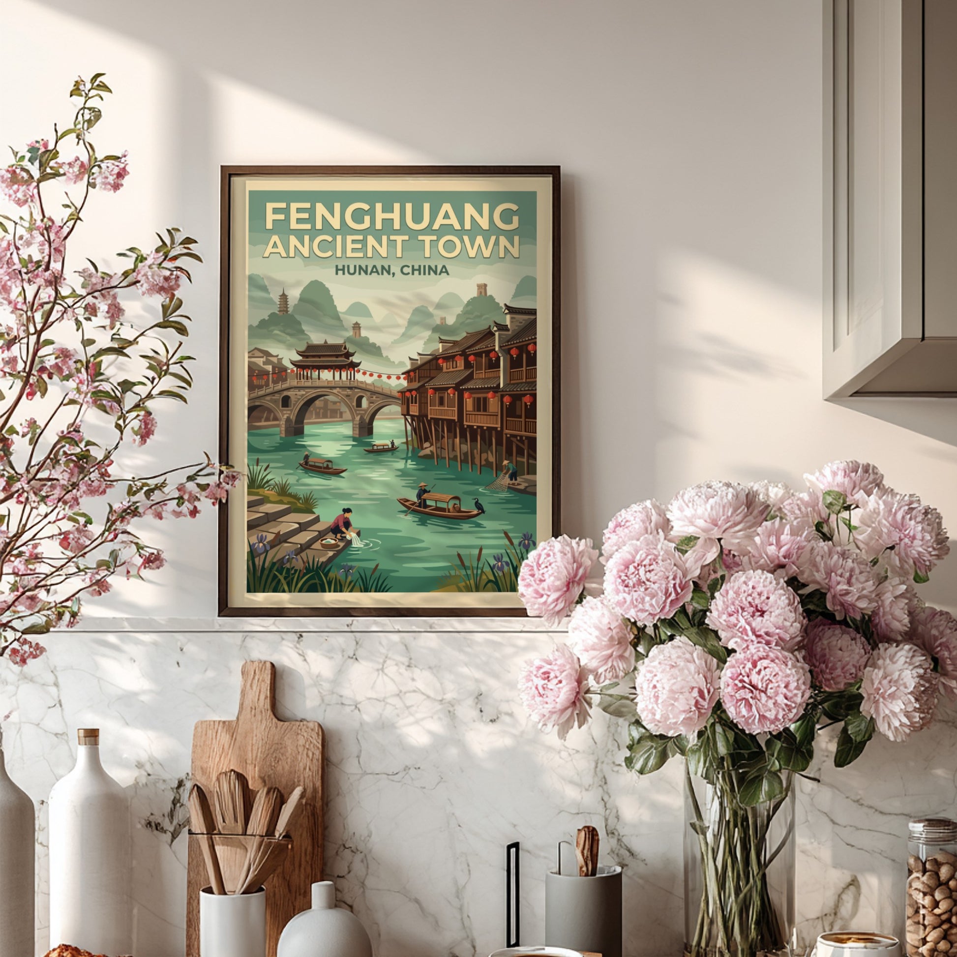 Fenghuang ancient town poster featuring wooden houses, river, and mountains in vintage style