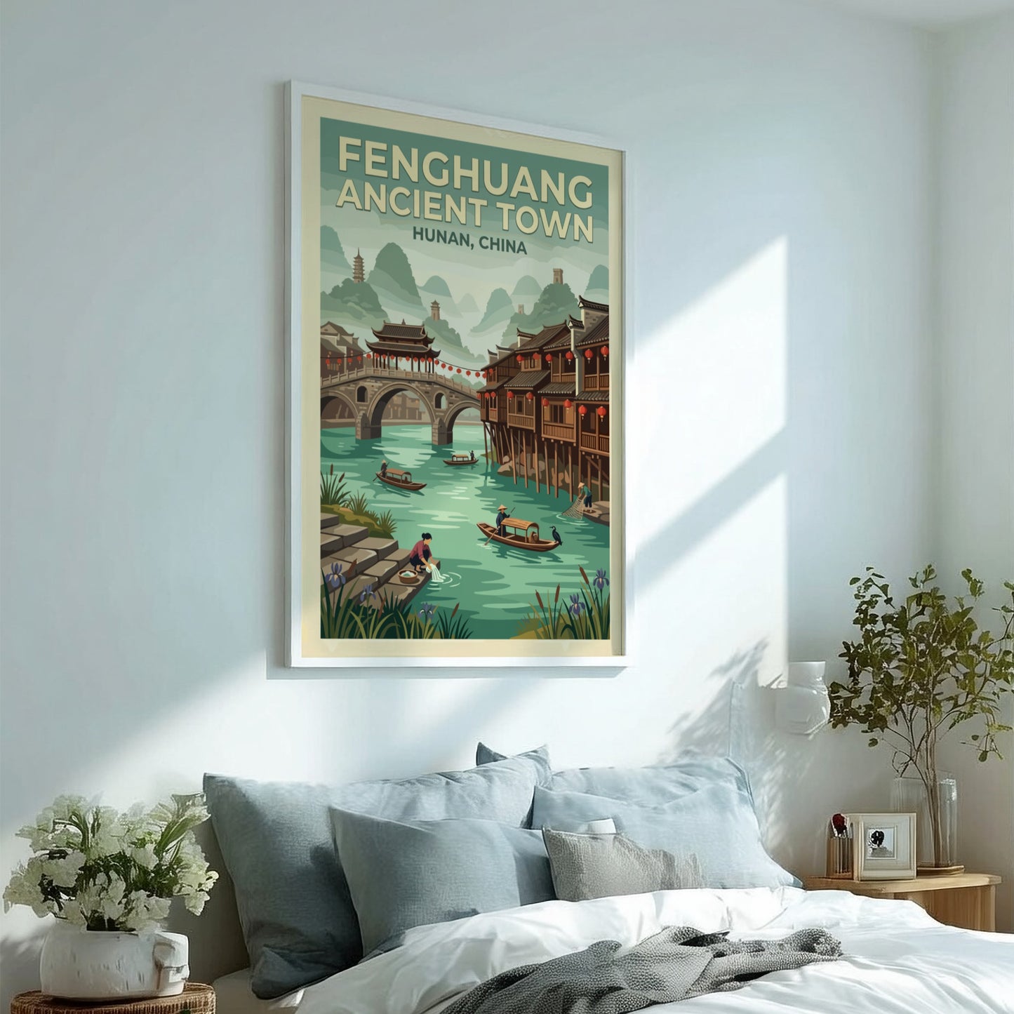 Fenghuang ancient town poster featuring wooden houses, river, and mountains in vintage style