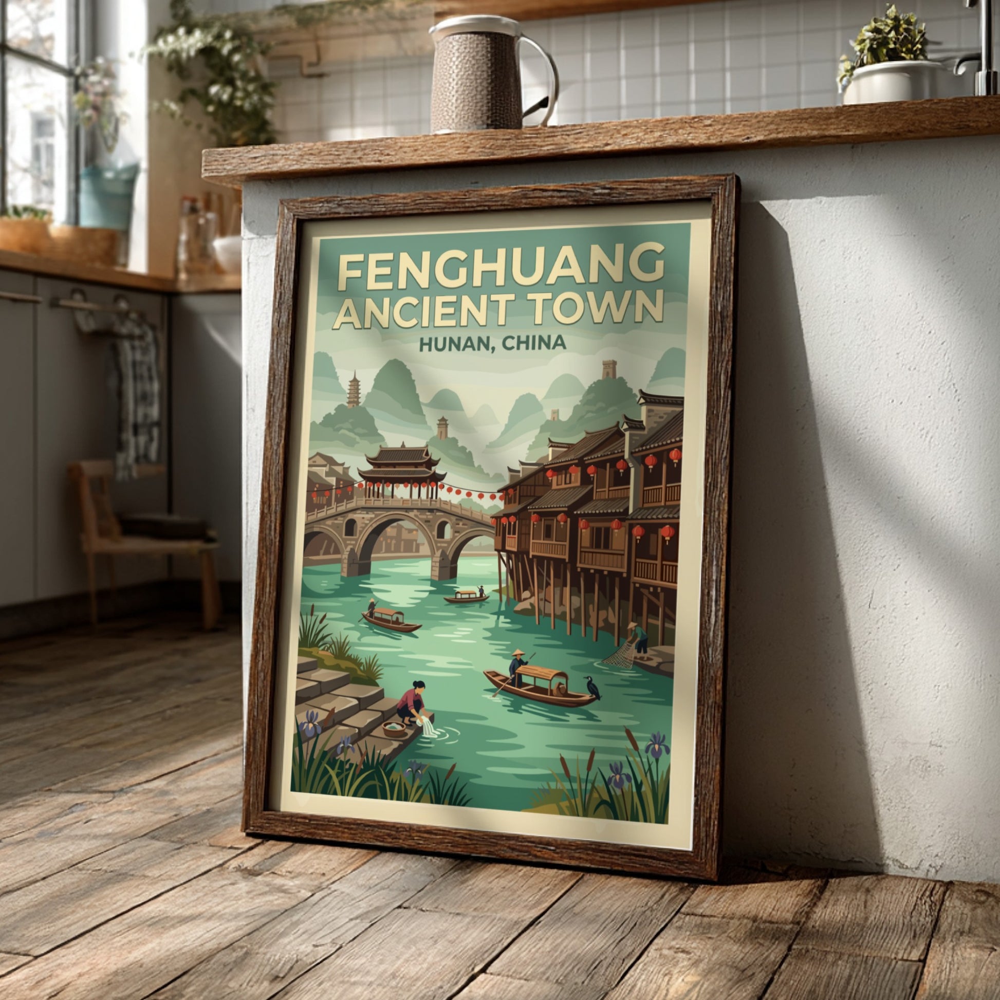 Fenghuang ancient town poster featuring wooden houses, river, and mountains in vintage style