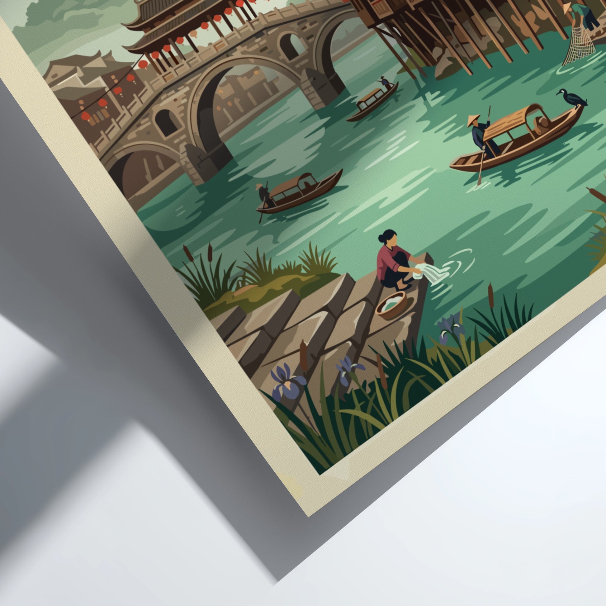 Fenghuang ancient town poster featuring wooden houses, river, and mountains in vintage style