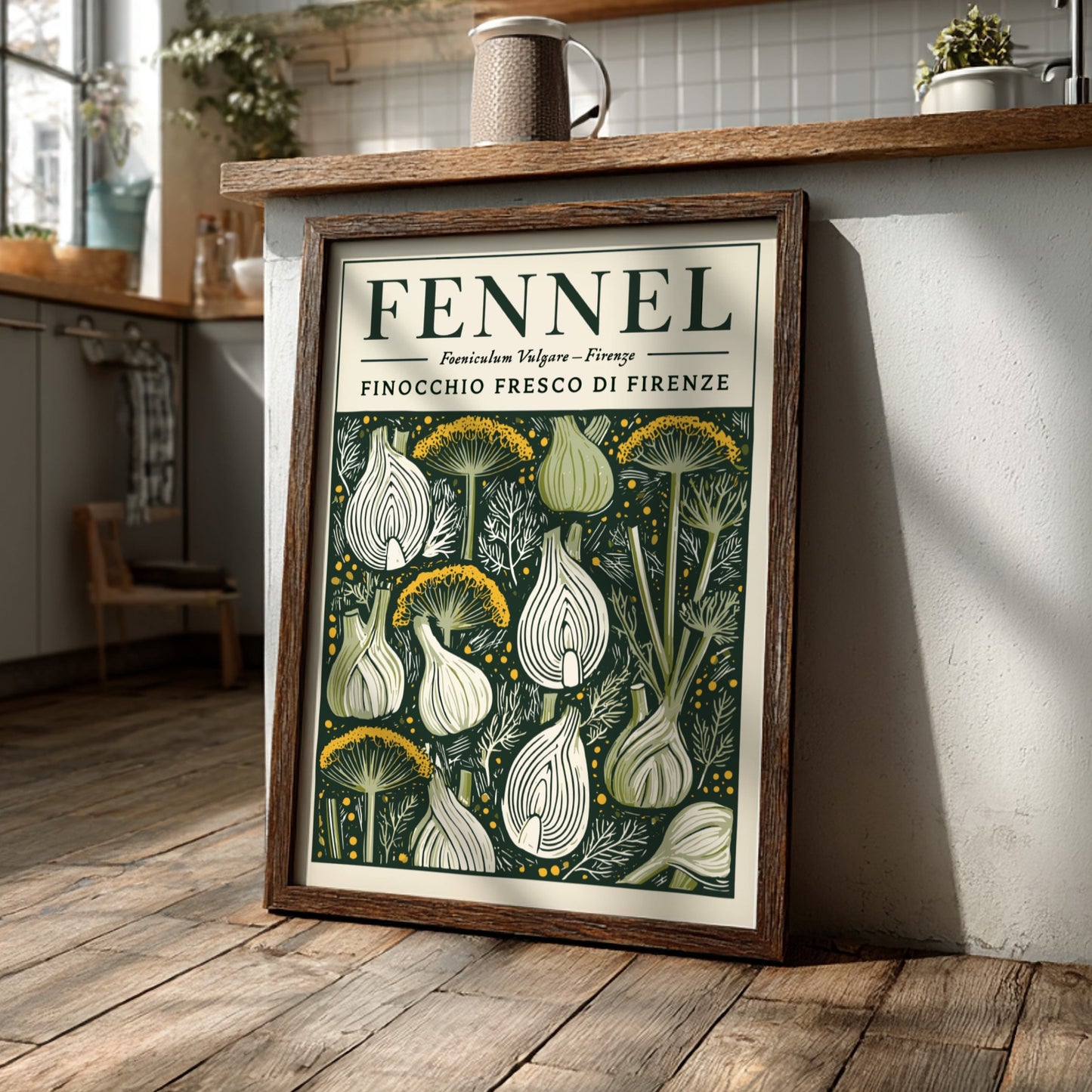 Kitchen poster featuring fennel in vintage style with green and earthy tones.