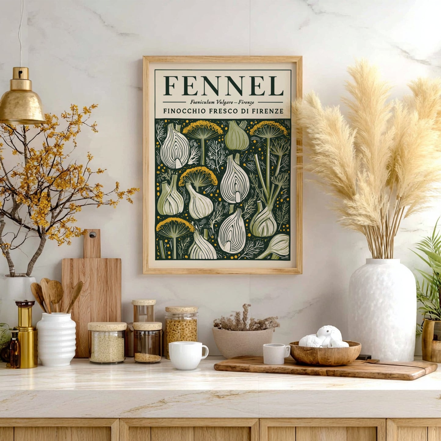 Kitchen poster featuring fennel in vintage style with green and earthy tones.