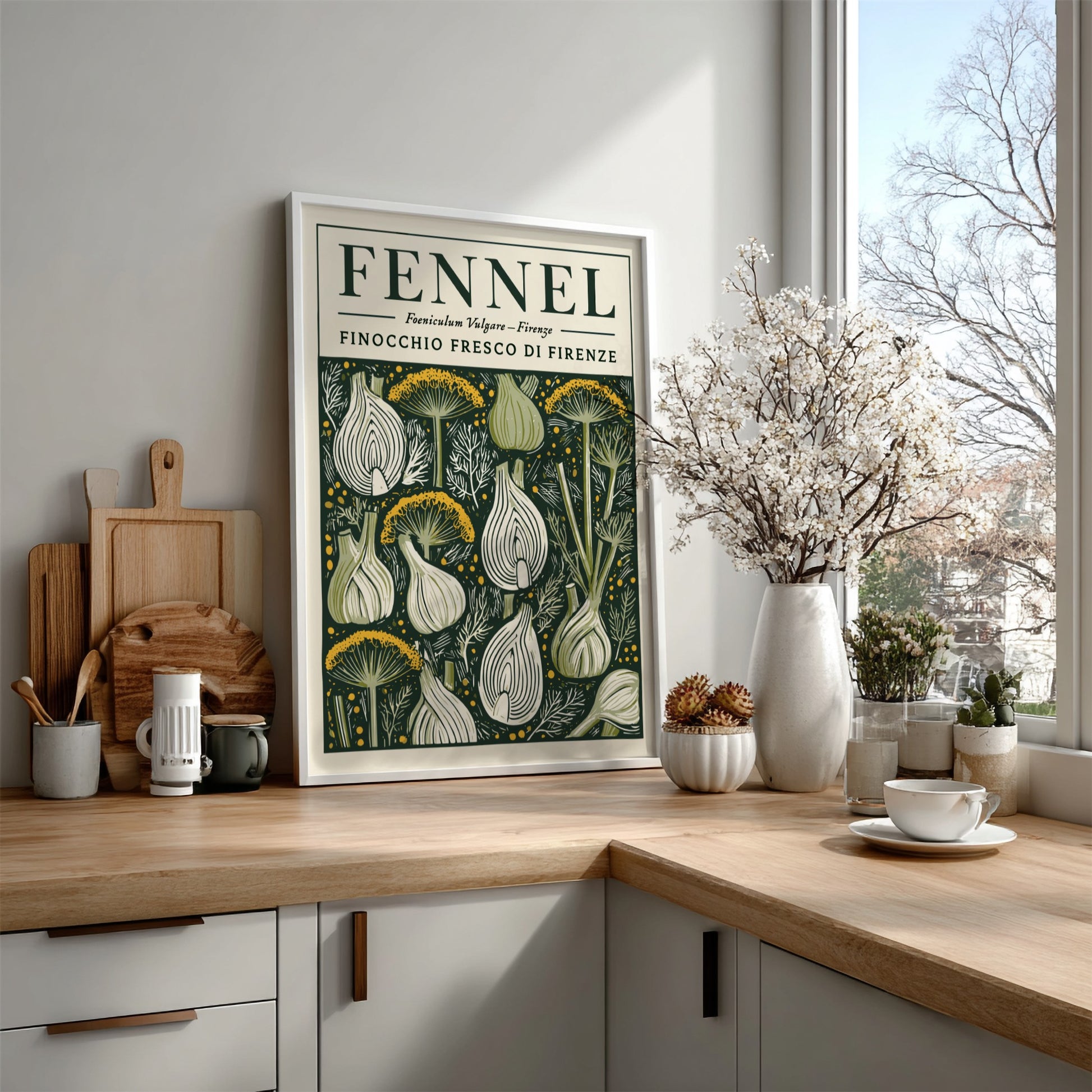 Kitchen poster featuring fennel in vintage style with green and earthy tones.