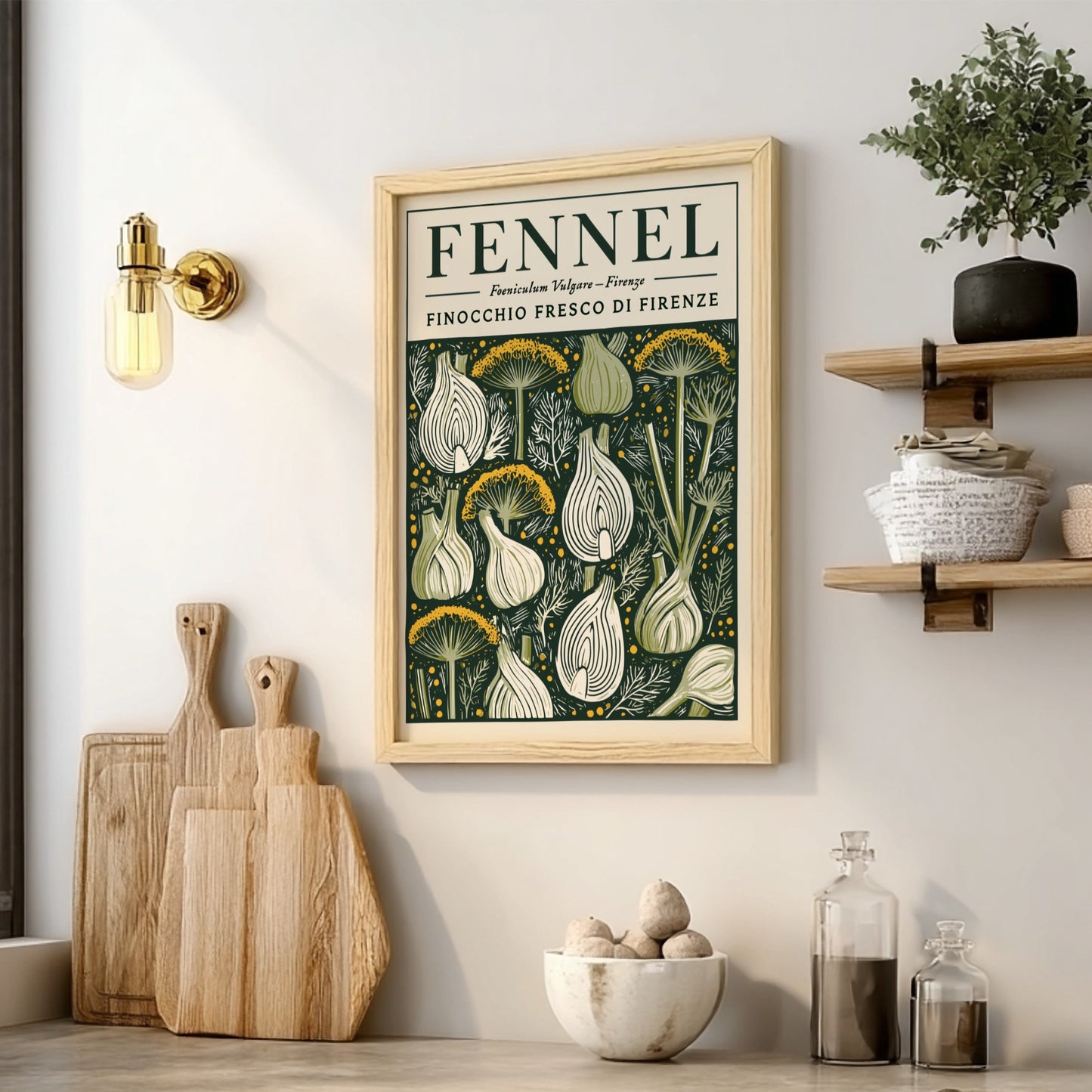 Kitchen poster featuring fennel in vintage style with green and earthy tones.