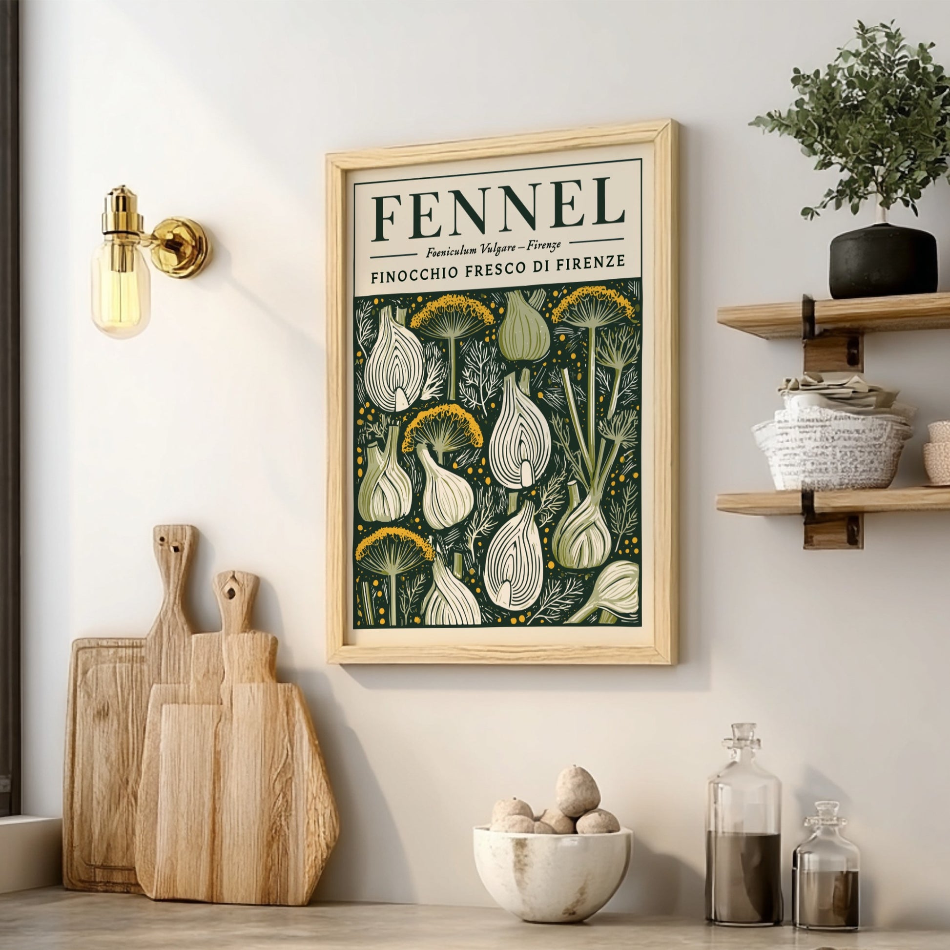 Kitchen poster featuring fennel in vintage style with green and earthy tones.
