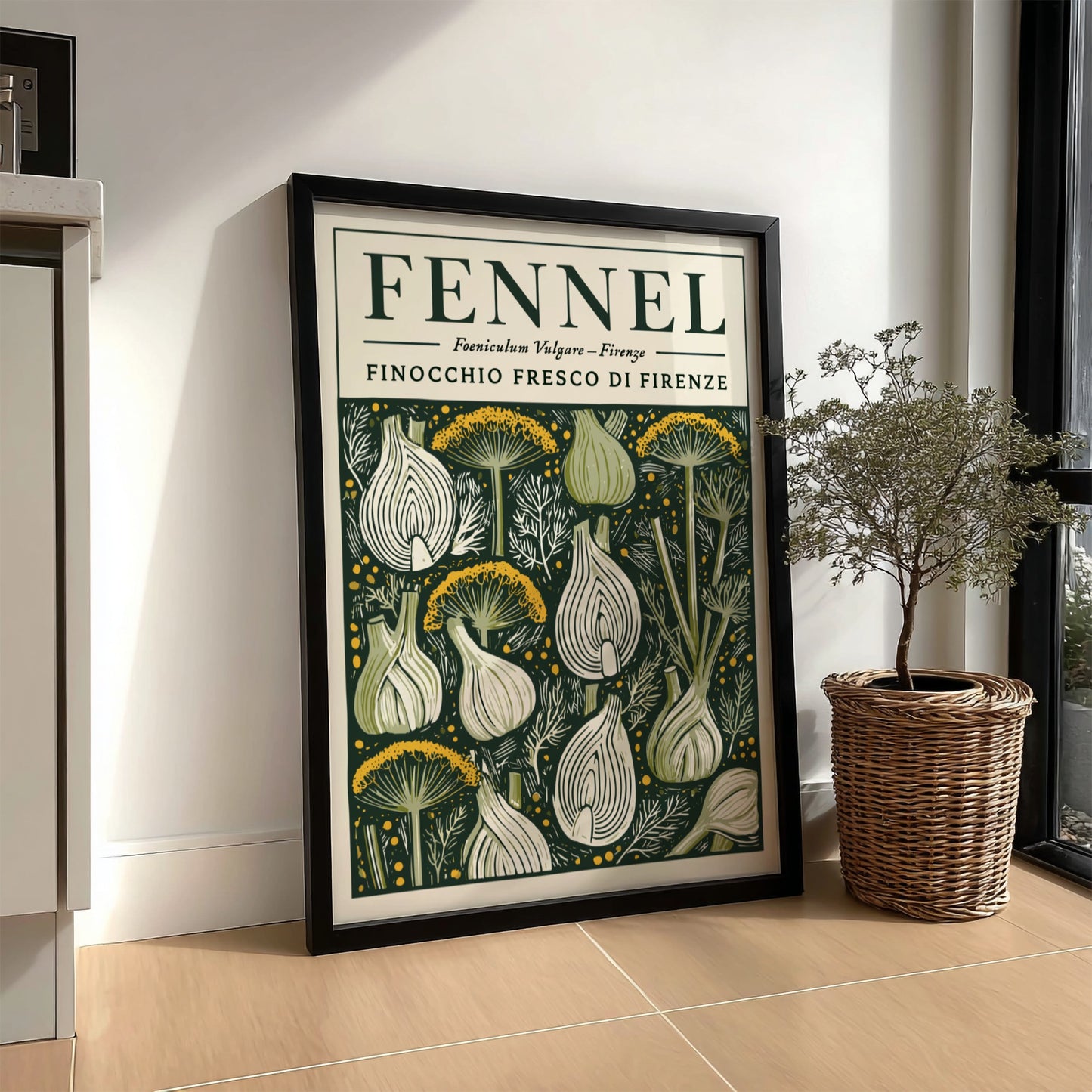 Kitchen poster featuring fennel in vintage style with green and earthy tones.