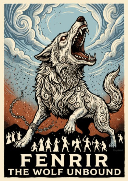Fenrir the Wolf Unbound poster featuring a powerful wolf breaking chains in Norse style